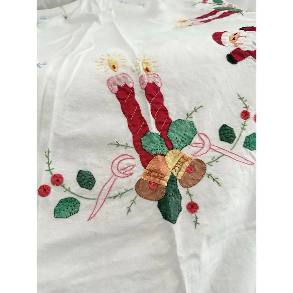 Vtg 50s White Hand Embroidered Christmas Appliqué Tablecloth Santa Rectangular